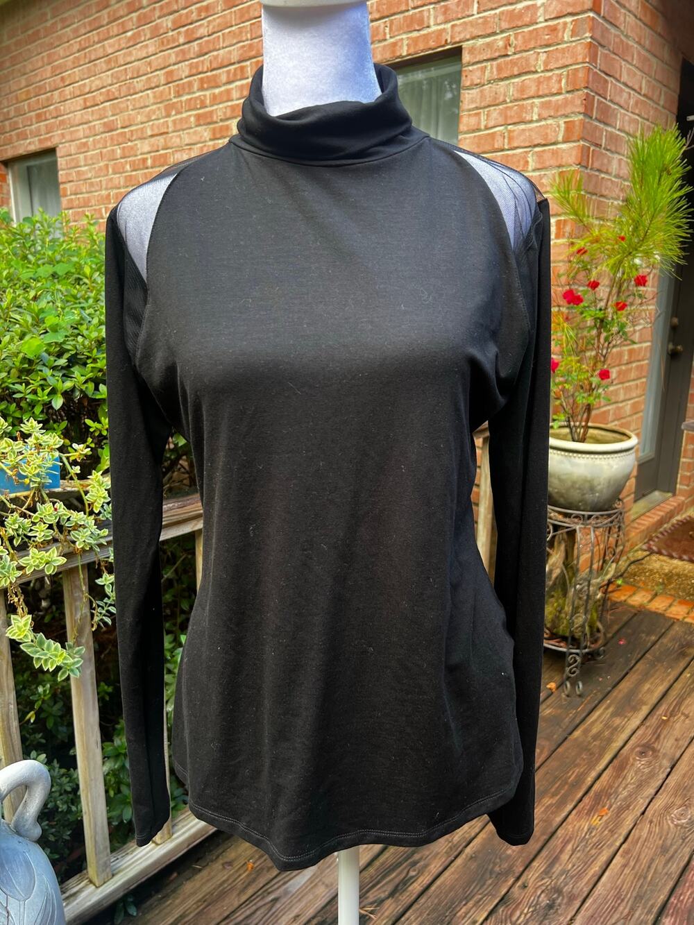 Marcella Maria Turtleneck XL Black Sheer Mesh Shoulder Tencel Top